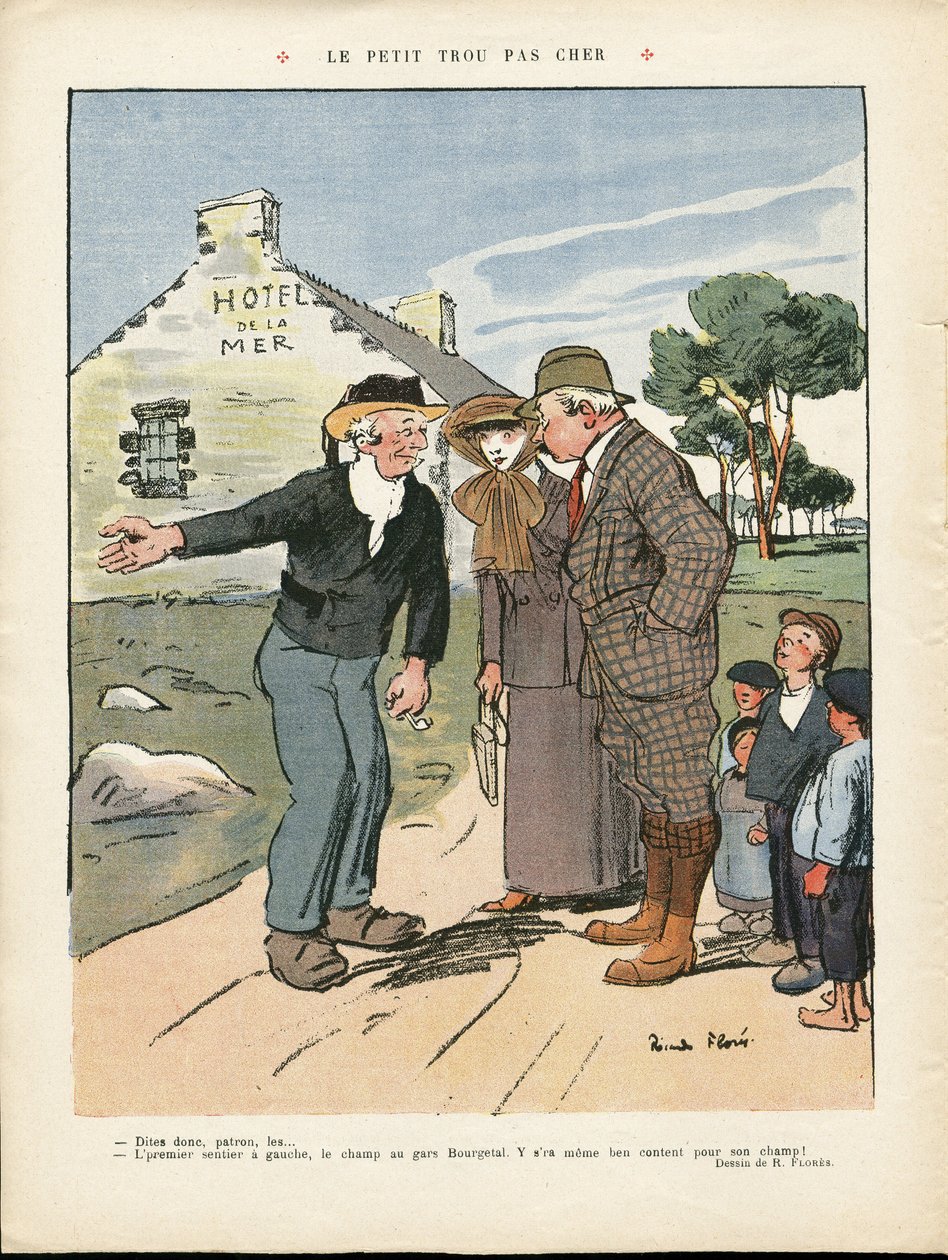 Illustration af Ricardo Flores (1878-1918) i Le Rire, 20/07/12 - Det billige lille hul - Landskab, Mode, Maritim Hav ved havet, Herremode, Turisme Turister, Hotel af Ricardo Flores