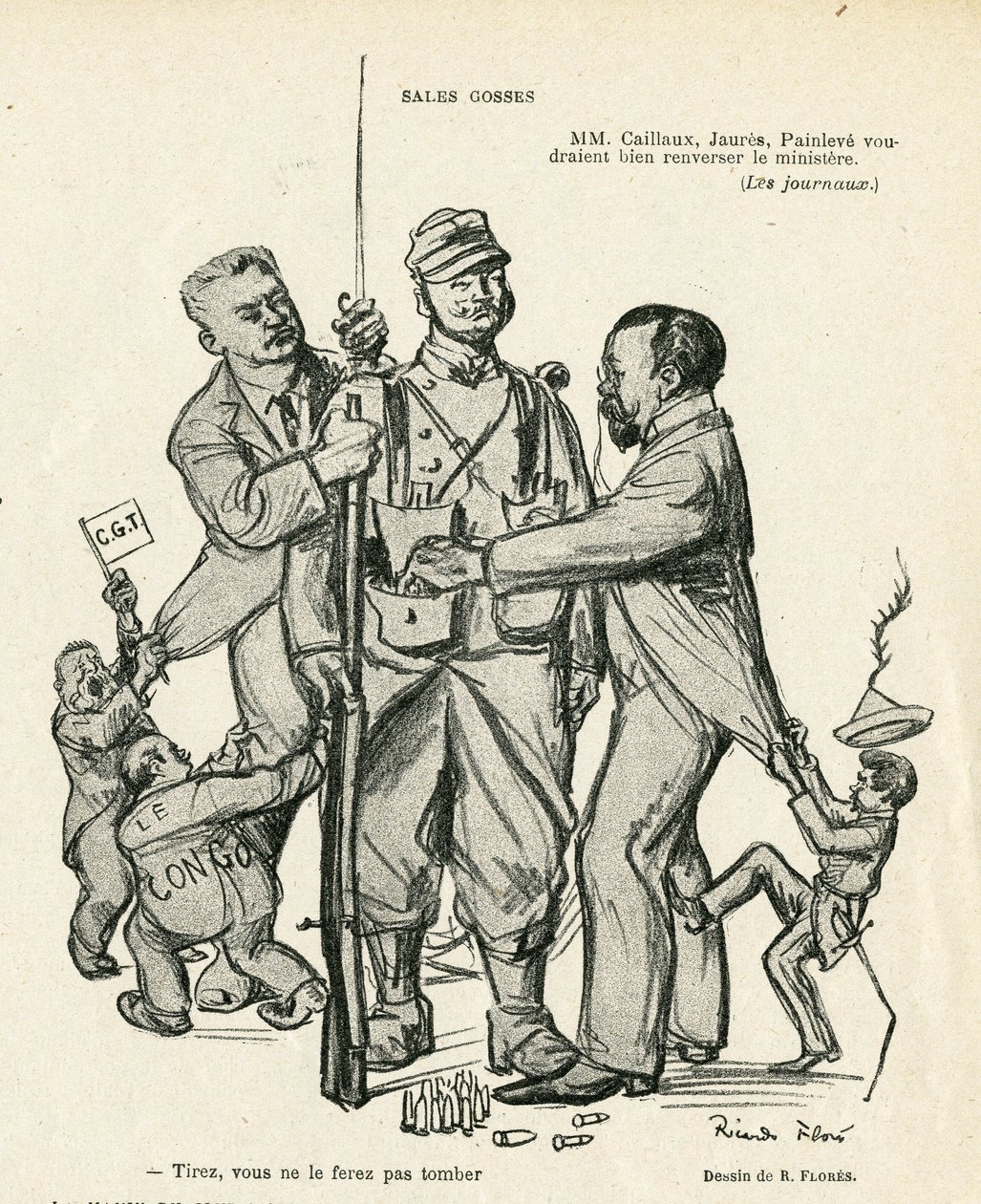 Illustration af Ricardo Flores (1878-1918) i Le Rire, 21/06/13 - Sales kidses - Armee, Militærtjeneste, Socialisme - Jaures Jean, Caillaux Joseph (1863-1944), Painleve Paul (1863-1933) af Ricardo Flores