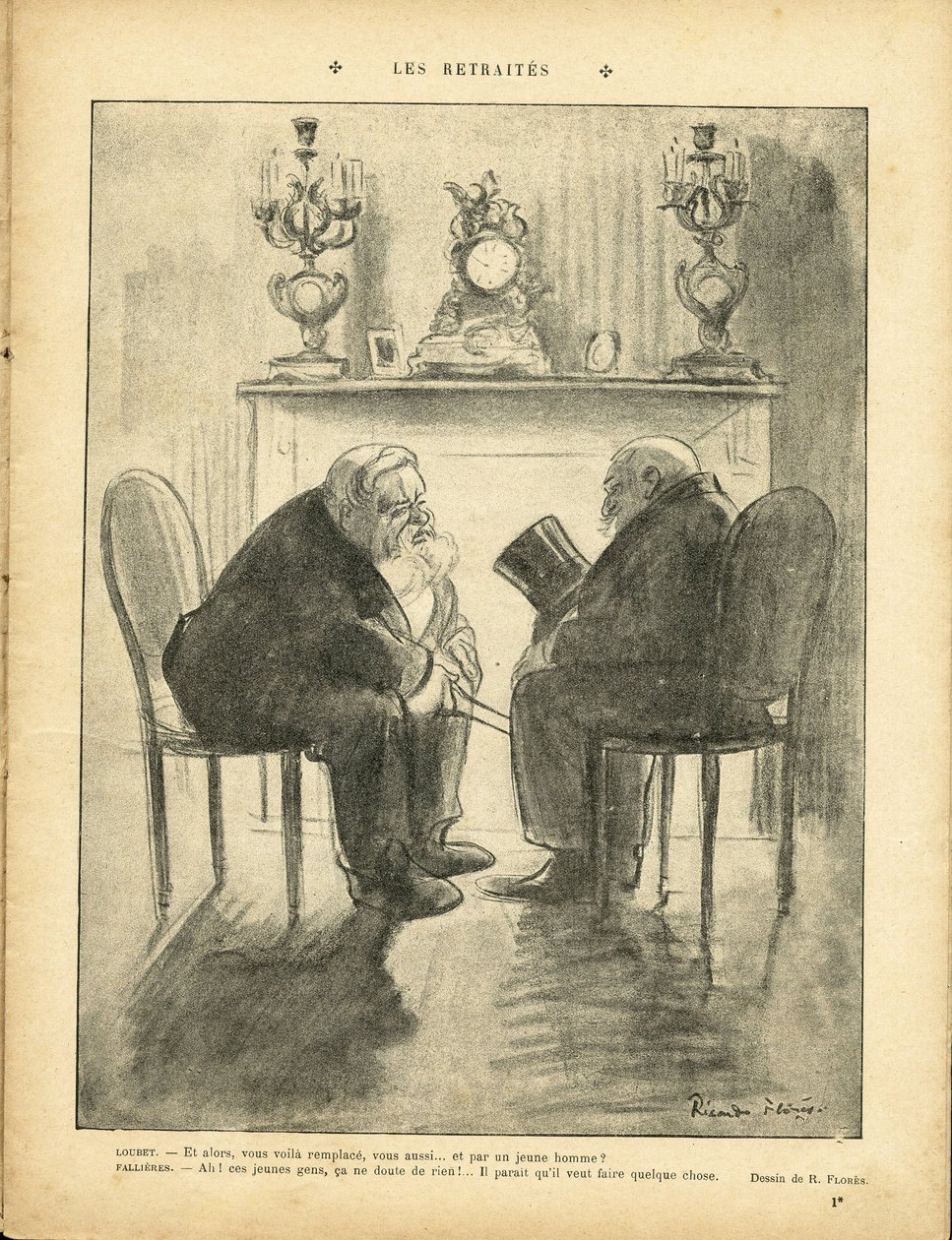 Illustration af Ricardo Flores (1878-1918) i Le Rire, 22/02/13 - Pensioner - Republikkens præsident - Fallieres Armand (1841-1931), Loubet Emile af Ricardo Flores