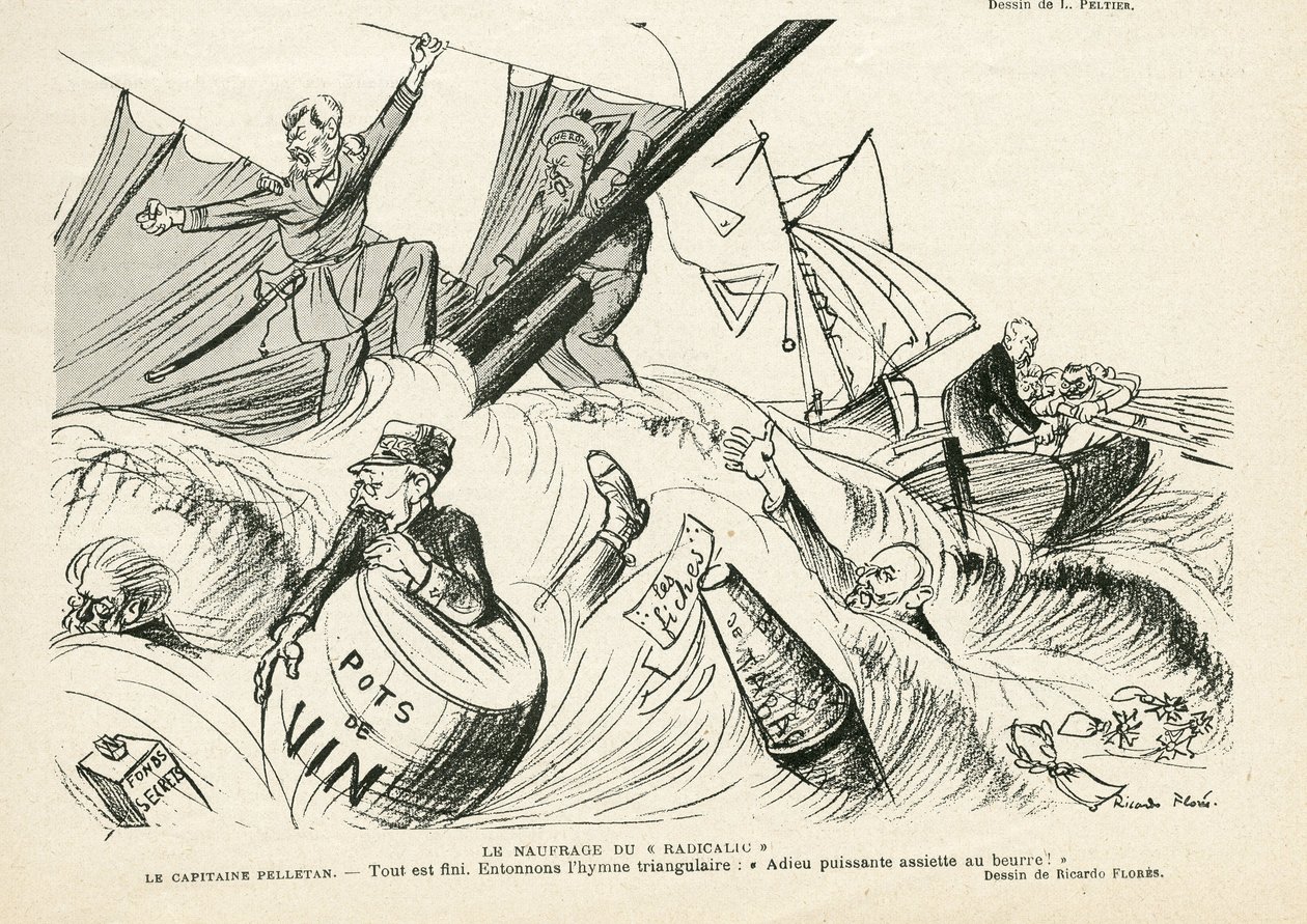 Illustration af Ricardo Flores (1878-1918) i Le Rire, 25/05/12 - Radikalismens skibbrud - Radikalisme, Maritime Marine Seaside, Rygning, Yachting, Tobak - Combes Emile (1835-1921), Andre Louis (1838-1913) ), Pelletan Camille (1846-1915) - Grafisk parod af Ricardo Flores