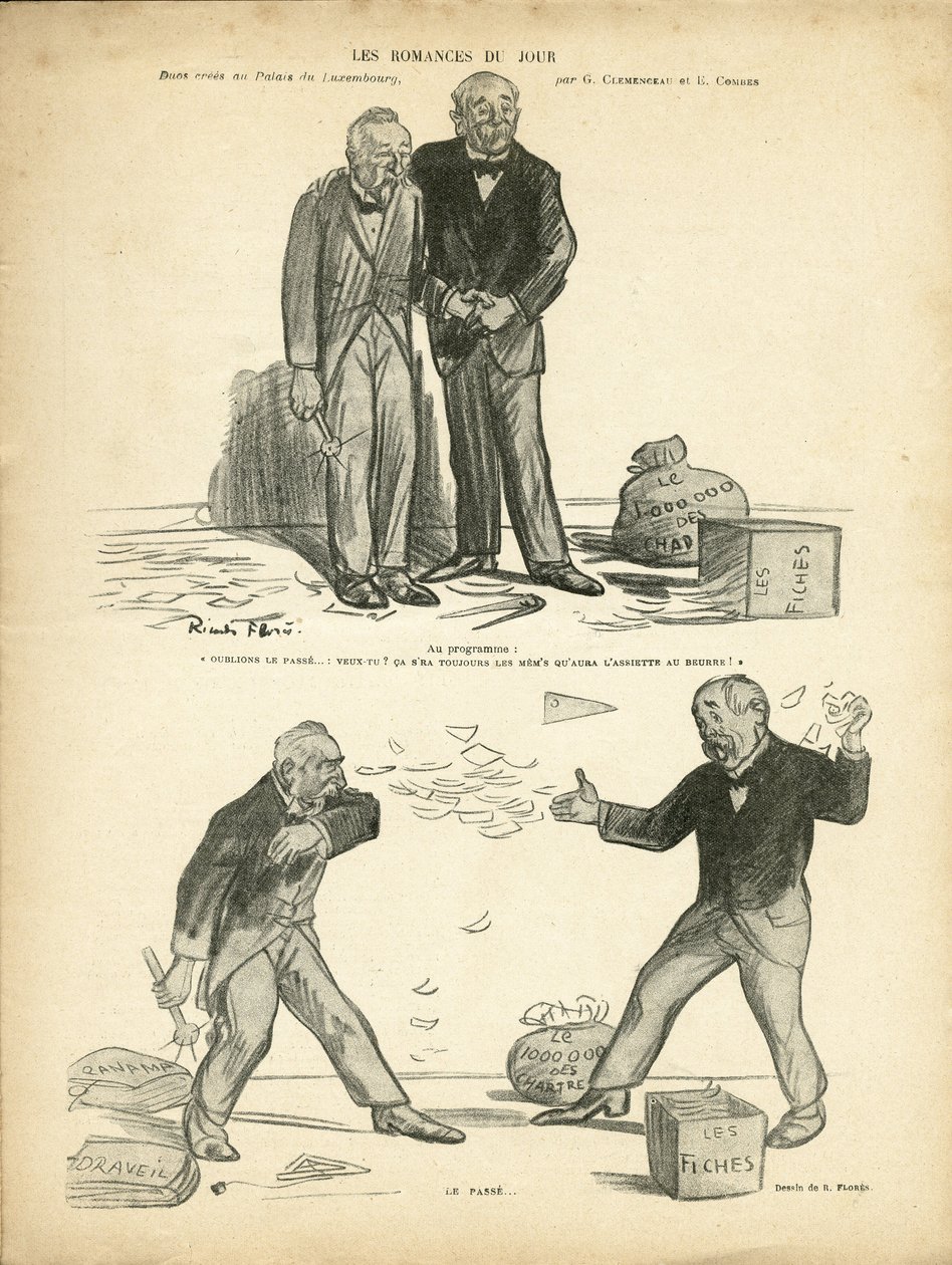 Illustration af Ricardo Flores (1878-1918) i Le Rire, 28/12/12 - Dagens Romance - Case of Panama, Case of Records, Undertrykkelse - Million of the Chartreux - Combes Emile (1835-1921), Clemenceau George af Ricardo Flores