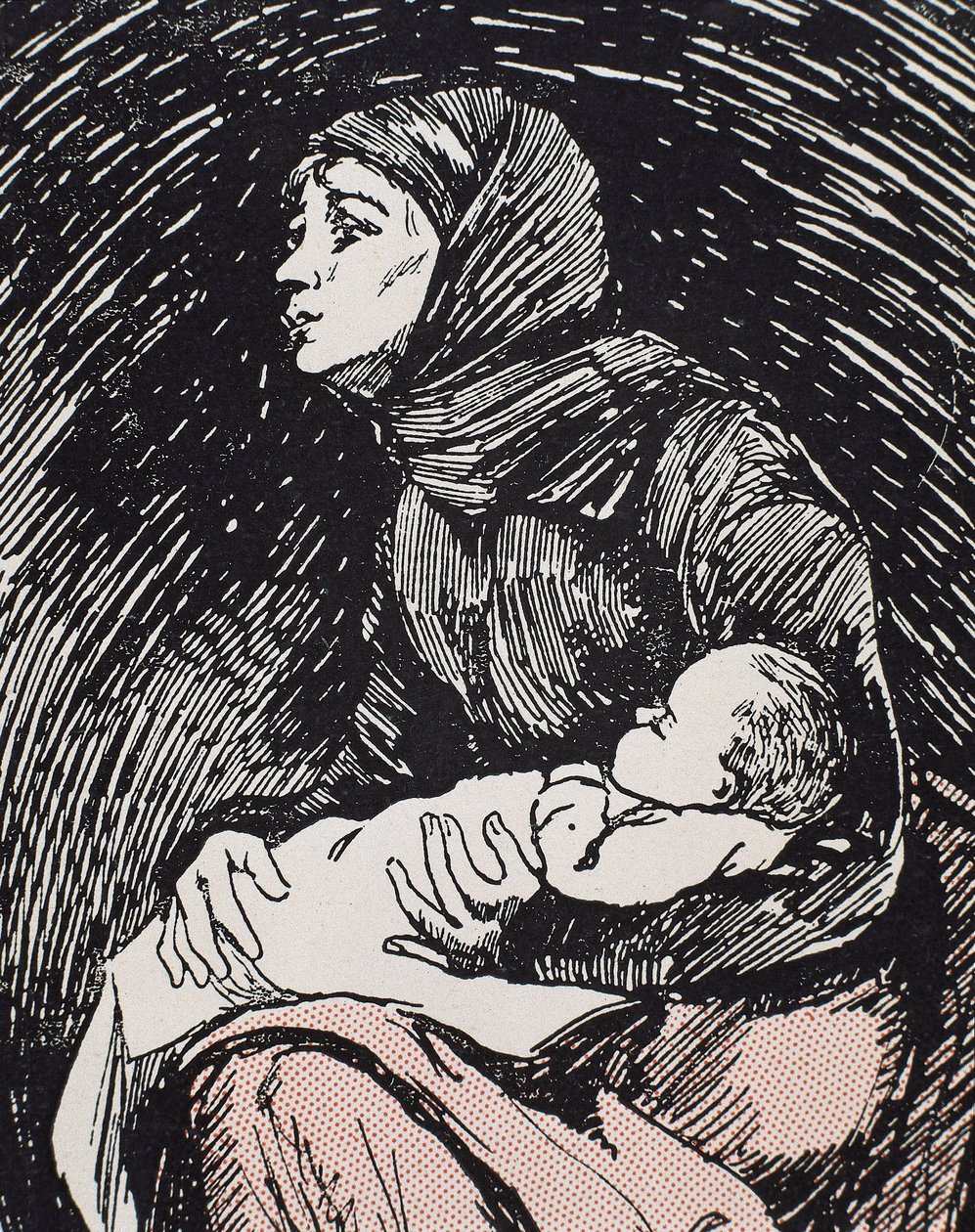 Juleaften. 1900. En mager kvinde med sit barn i armene (gravering) af Ricardo Maria Navarrete