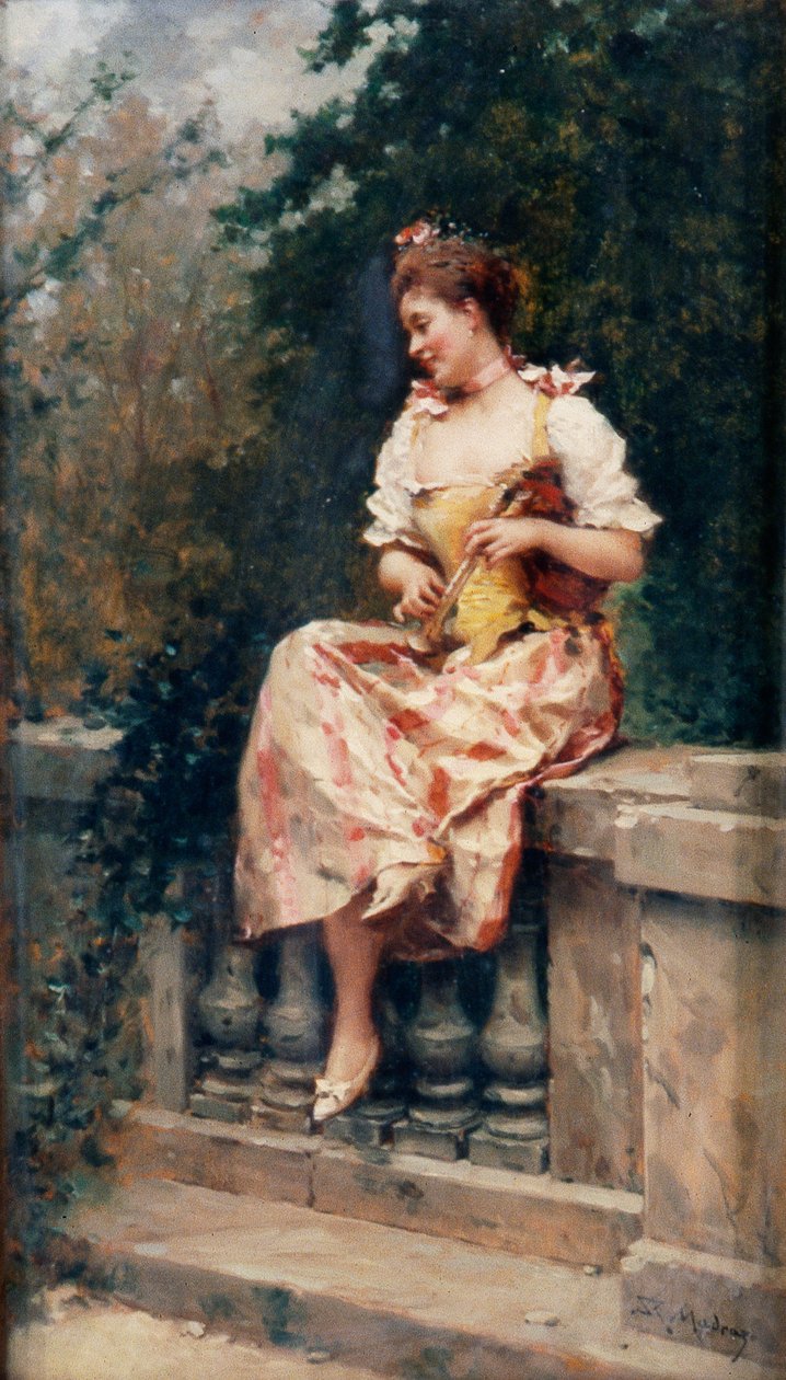 Pige med fløjte, ca. 1895 (olie på panel) af Ricardo de Madrazo y Garreta