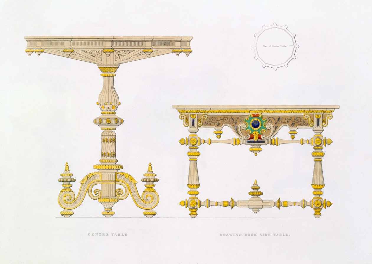 Midterbord og sidebord i stuen, 1833 af Richard Bridgens