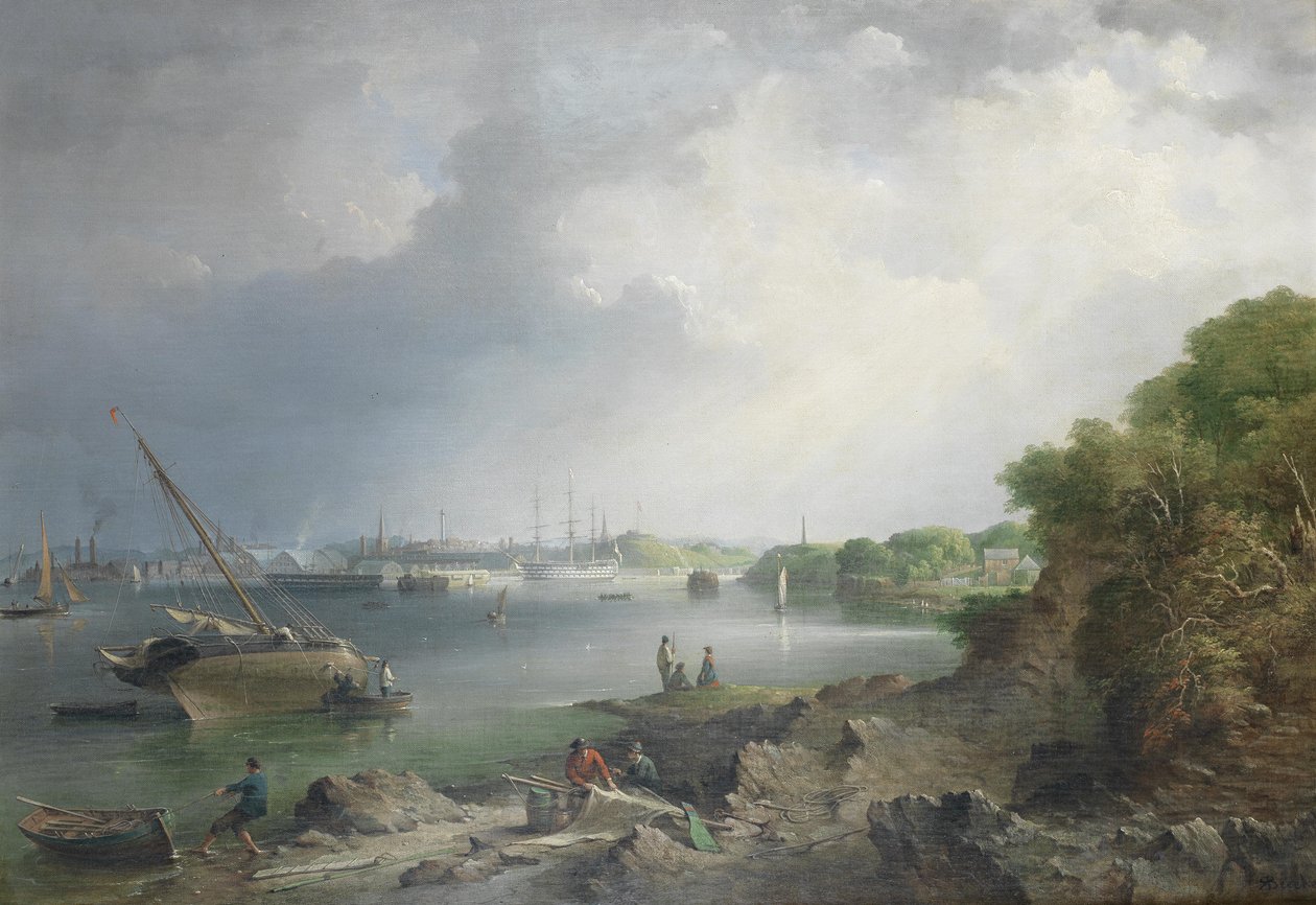 En udsigt over Hamoaze mod de overdækkede skråninger og bygninger i søværftet ved Devonport af Richard Brydges Beechey