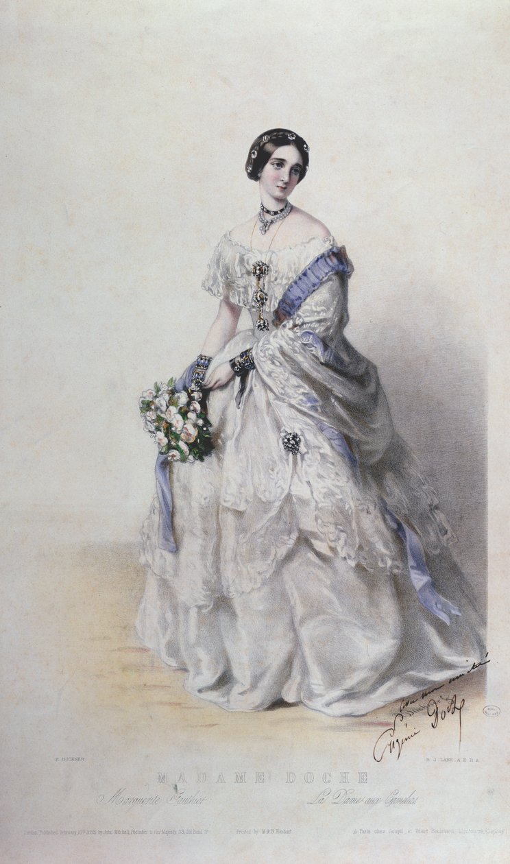 Portræt af Madame Eugenie Doche i rollen som Marguerite Gautier, "La Dame aux Camelias af Richard Buckner