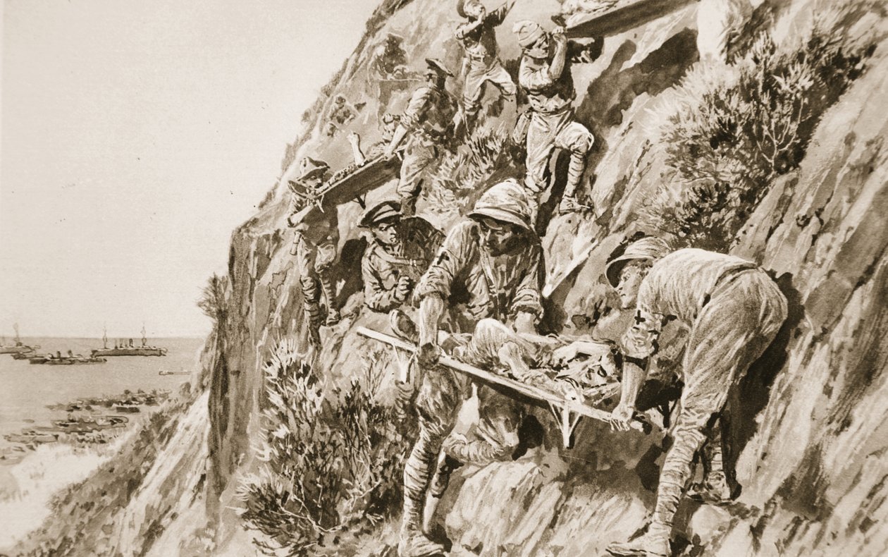 En R.A.M.C. præstation svær at matche: at bringe sårede ned ad klippen under Suvla Bay Battle ved Dardanellerne, fra 