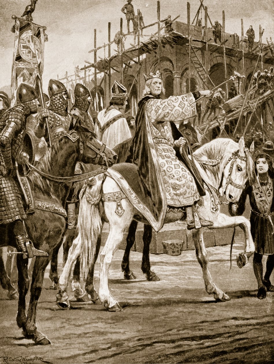 Edward Confessor ser bygningen af Westminster Abbey, den første normanniske kirke opført i England, illustration fra 