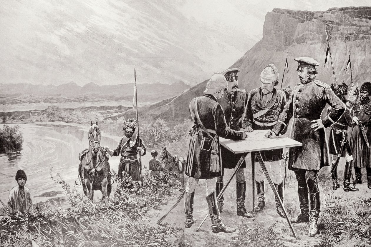 Den afghanske grænsekommission: De russiske og britiske kommissærer ved Zulfikar, Fixing the Site of the First Boundary Post, 12. november, indgraveret af R. Taylor, fra 