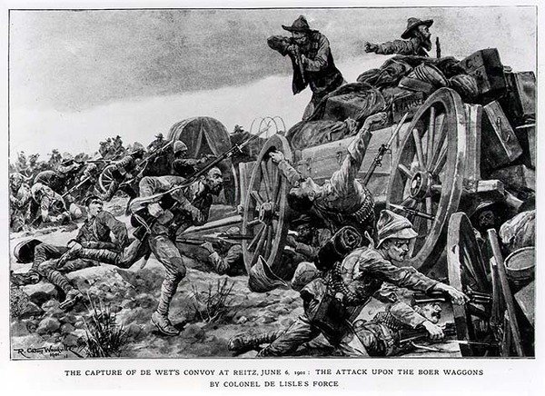 Erobringen af de Wets-konvojen ved Reitz, 6. juni 1901. Angrebet på boervognene af oberst de Lisles Force af Richard Caton II Woodville