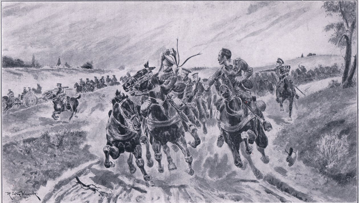 Britisk artilleri kommer i stilling ved slaget ved Mons, fra The Great War The Amalgamated Press Limited, 1914 af Richard Caton Woodville