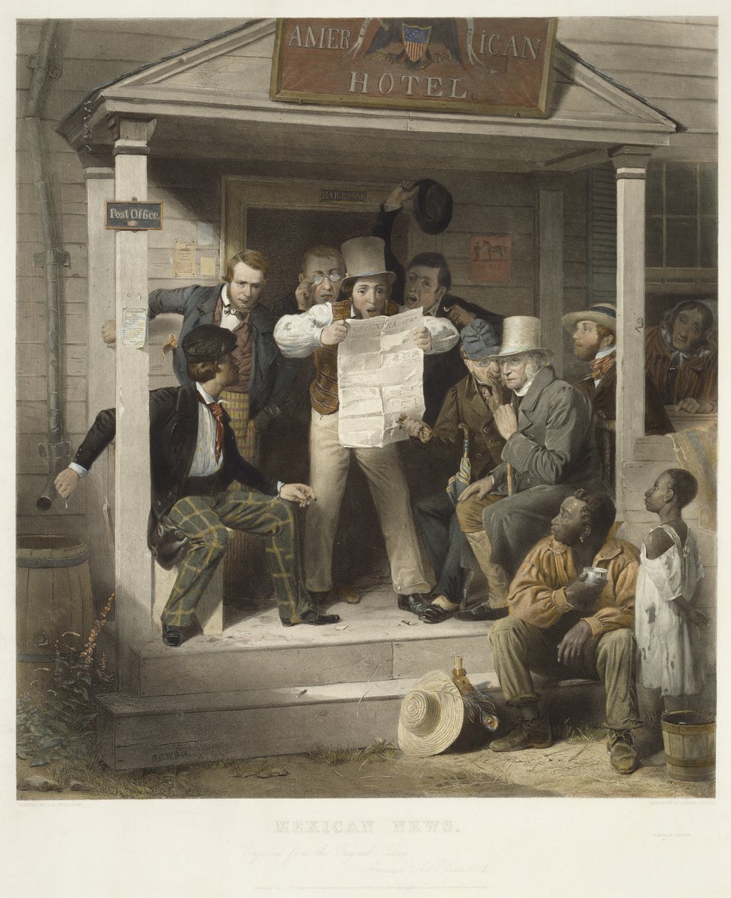 Mexicanske nyheder, ca. 1851 (håndkoloreret gravering på vævet papir) af Richard Caton after Woodville