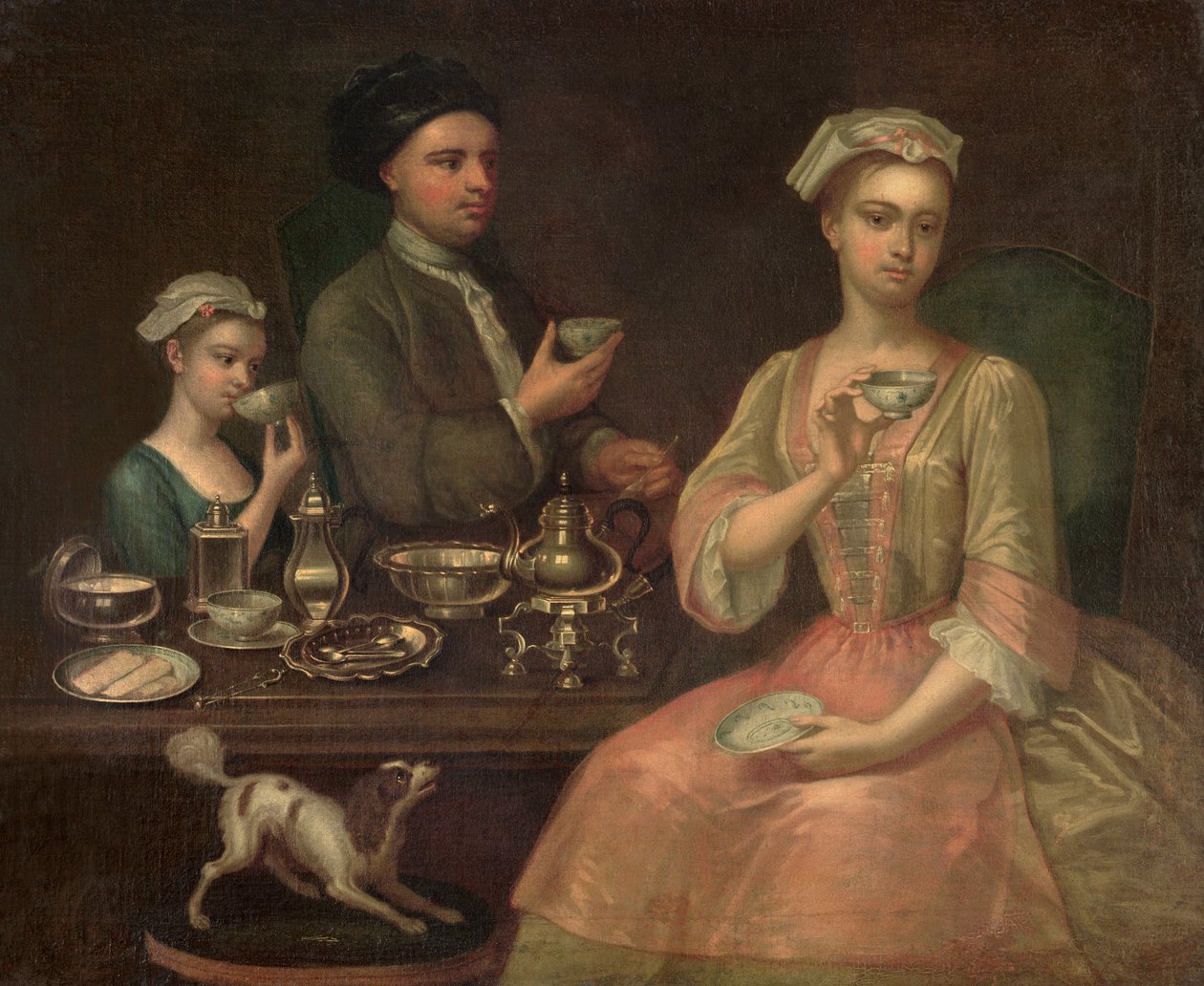 En familie på tre til te, ca. 1727 af Richard Collins