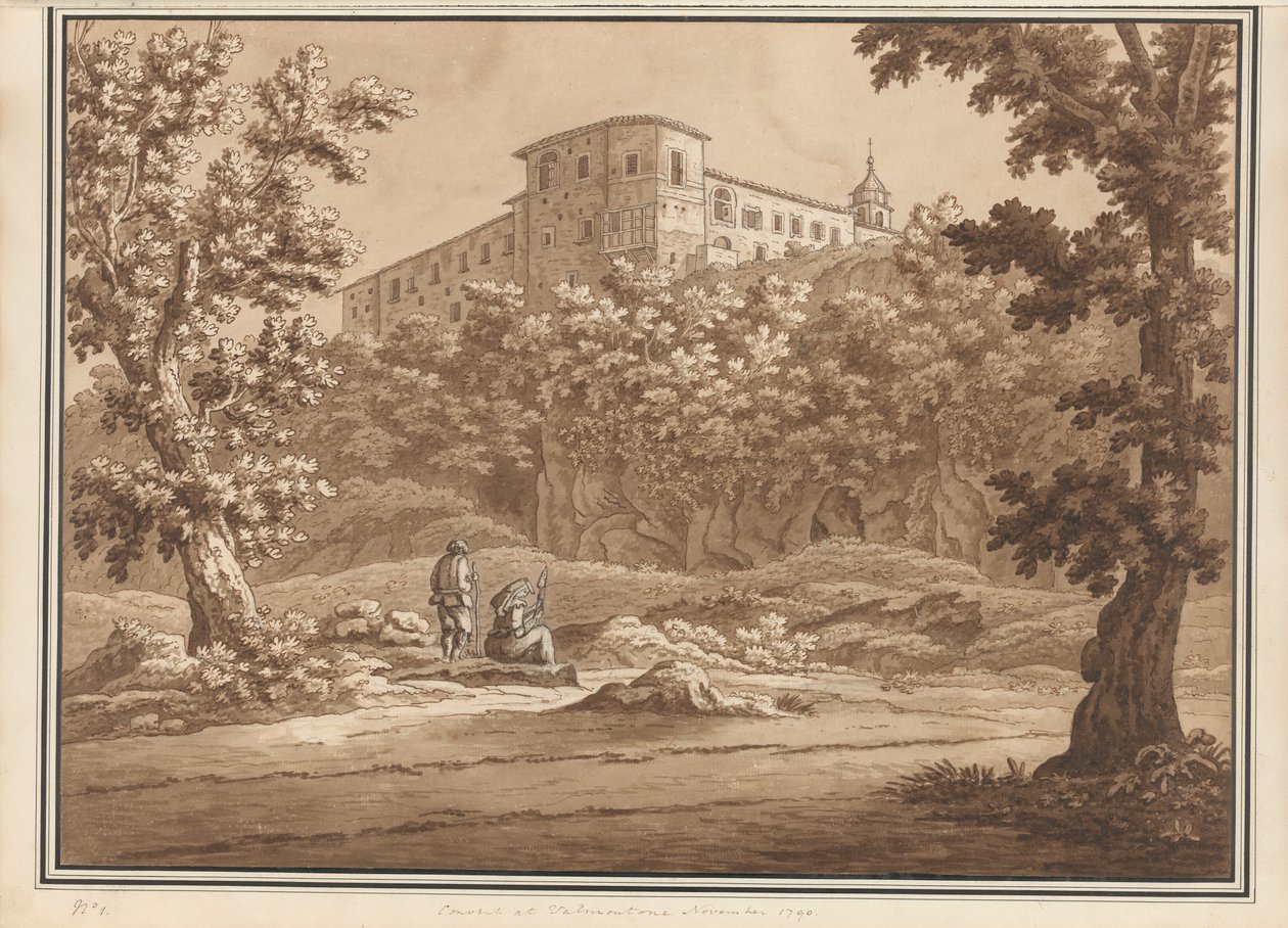 Kloster i Valmontone, fra et bind med 66 udsigter hentet fra naturen i kvarteret Rom og Abruzzo, november 1790 (pen og blækvask på papir) af Richard Colt Hoare