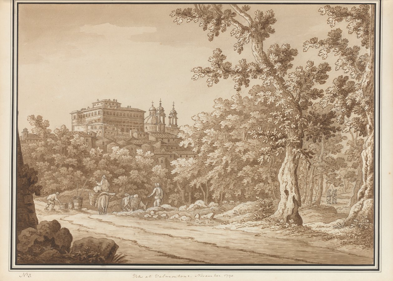 Udsigt ved Valmontone, fra et bind på 66 visninger hentet fra naturen i kvarteret Rom og Abruzzo, november 1790 (pen og blækvask på papir) af Richard Colt Hoare