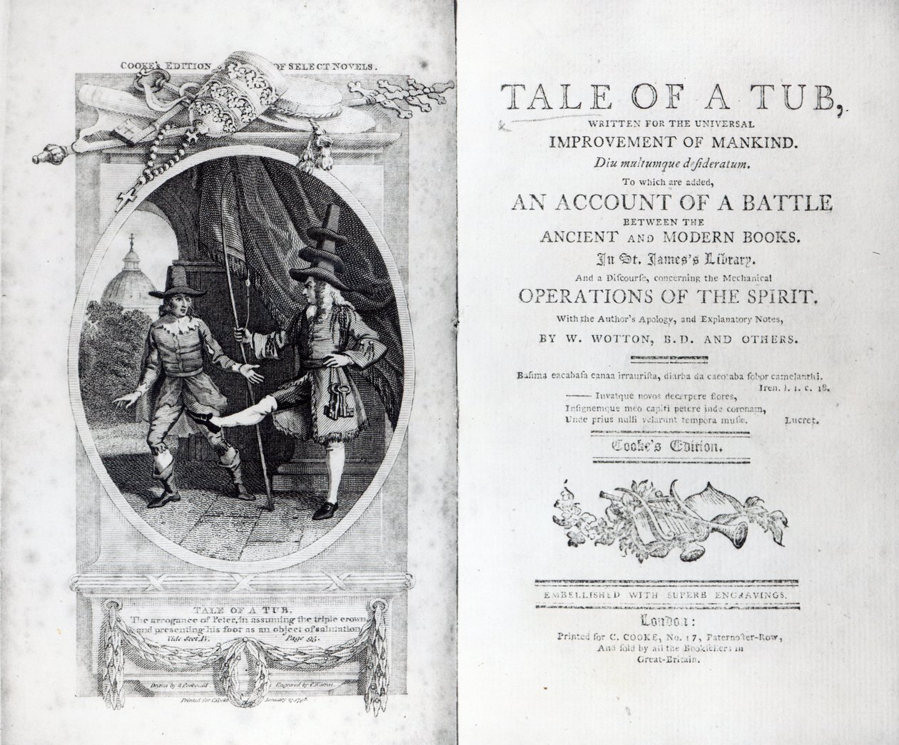 Frontispice og titelblad til "A Tale of a Tub" af Jonathan Swift, graveret af Charles Warren, 1798 af Richard Corbould