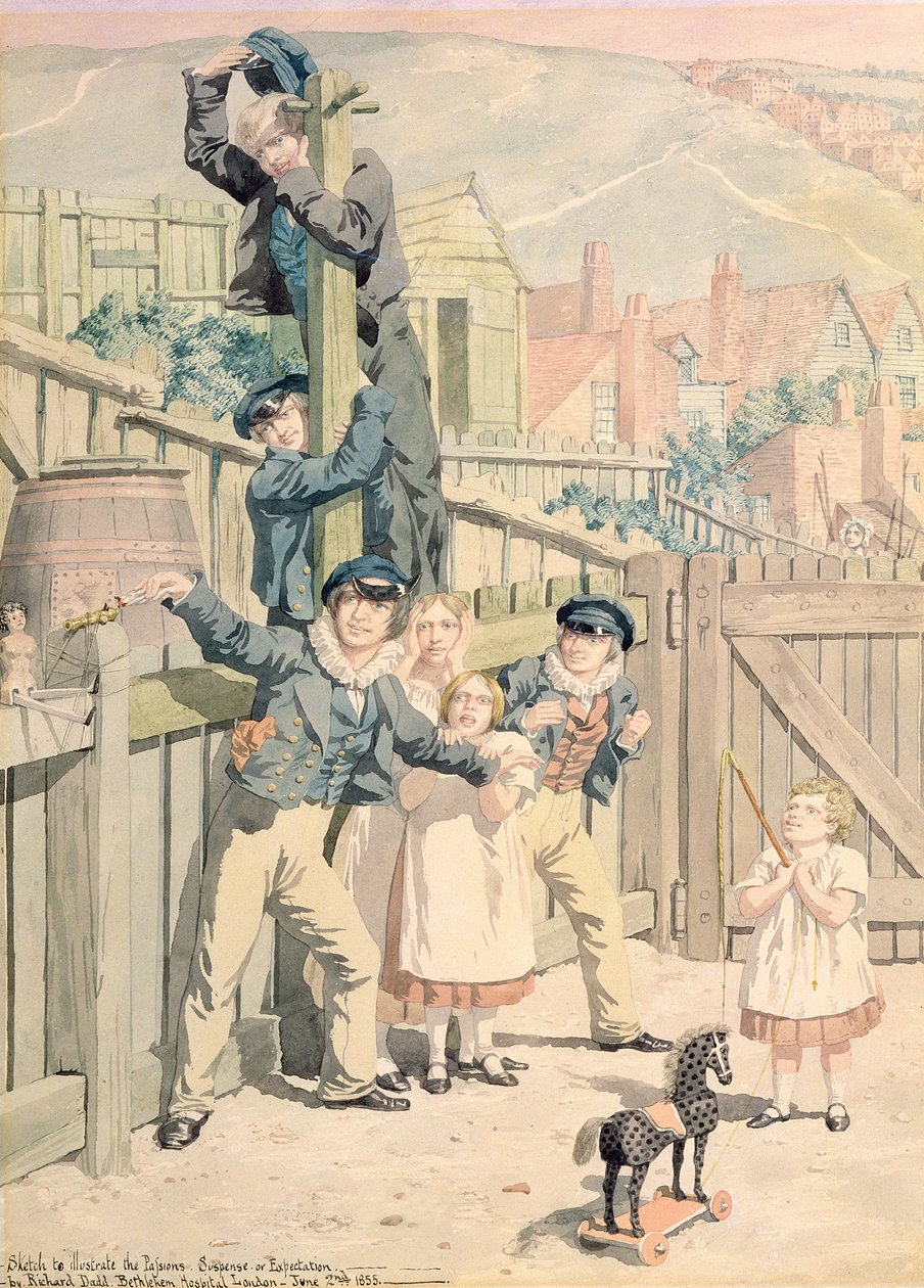 Skitse til at illustrere passionerne: spænding eller forventning, 1855 (wc, pen og blæk over grafit på papir) af Richard Dadd