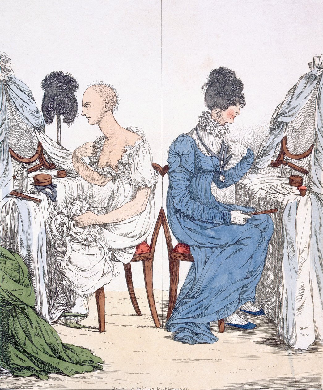 En moderigtig dame, pub. 1807 (farvet radering) 88:A Regency Belle uden sin paryk og kjole; af Richard Dighton