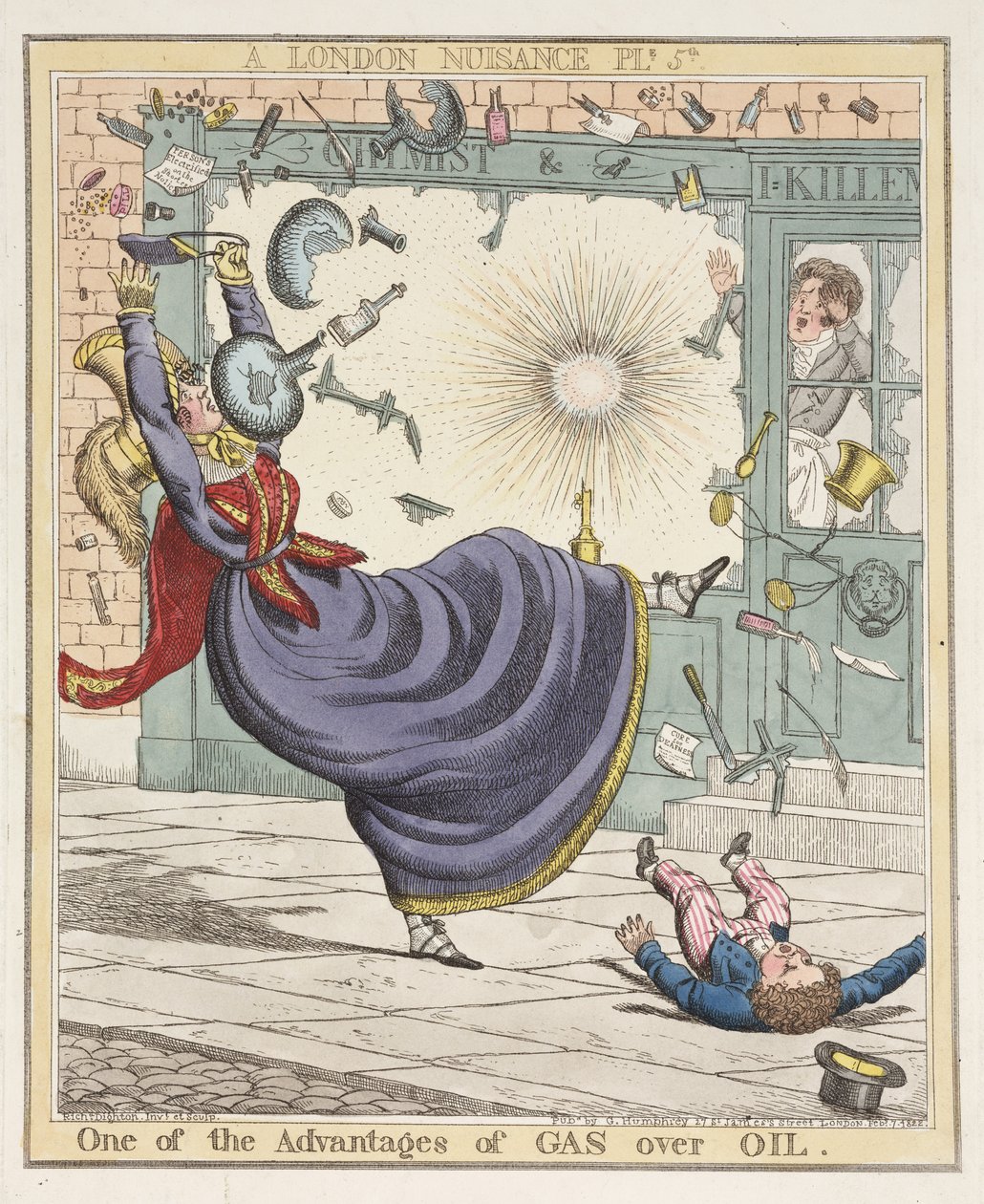 En af fordelene ved gas over olie, plade 5 fra A London Nuisance, 1822 (håndfarvet radering) af Richard Dighton