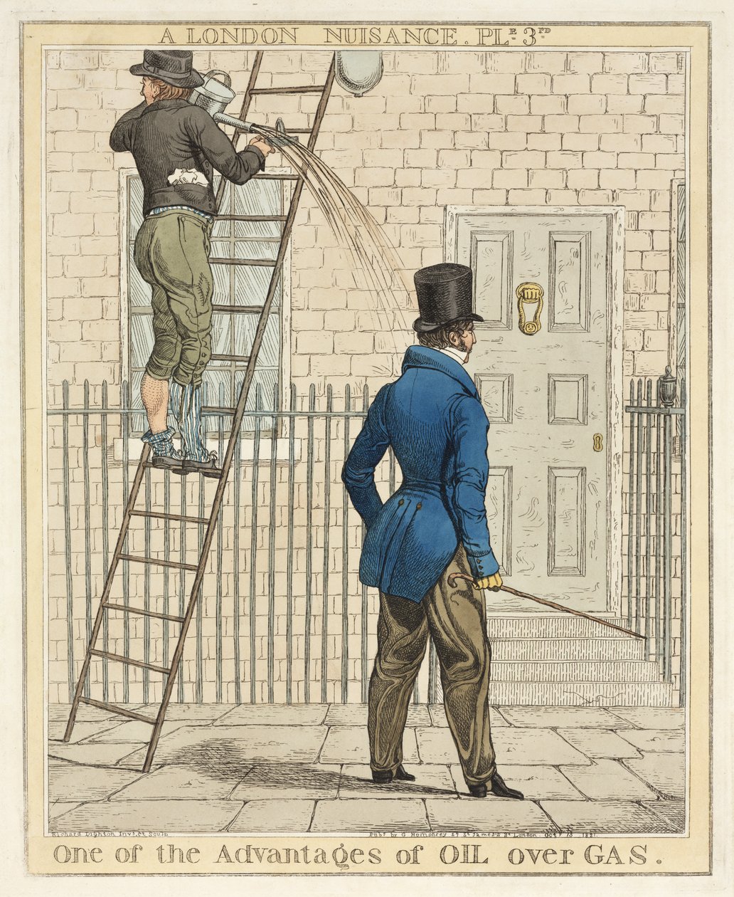 En af fordelene ved Oil Over Gas, plade 3 fra A London Nuisance, 1821 (håndfarvet radering) af Richard Dighton