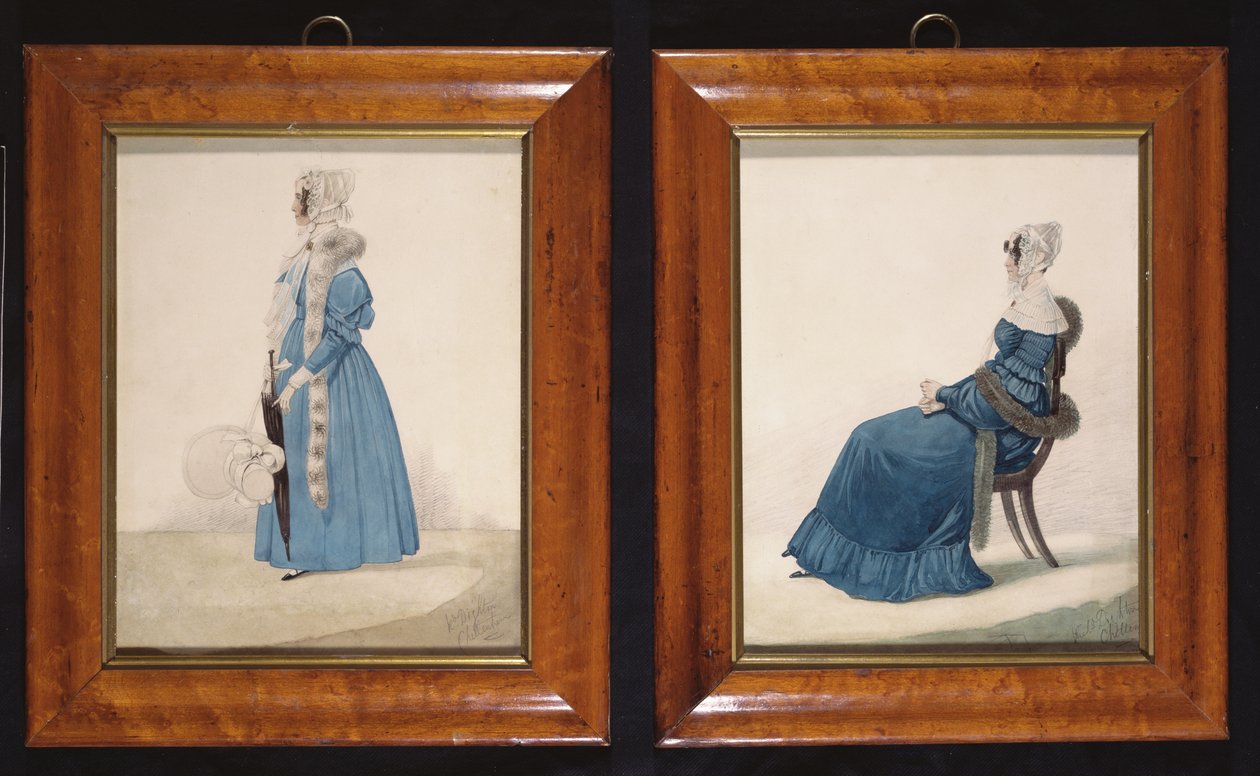 To portrætter af en siddende og en stående dame i blå kjoler, ca. 1830 (wc og blyant på papir) af Richard Dighton