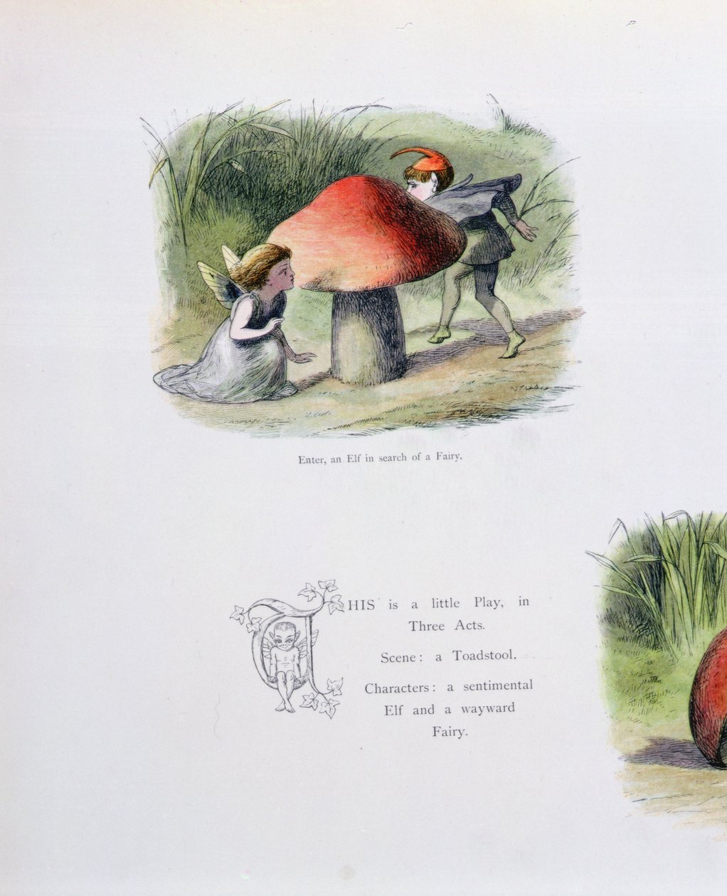 En nisse på jagt efter en fe, illustration fra "In Fairyland: A Series of Pictures from the Elf-World" af William Allingham og Andrew Lang af Richard Doyle
