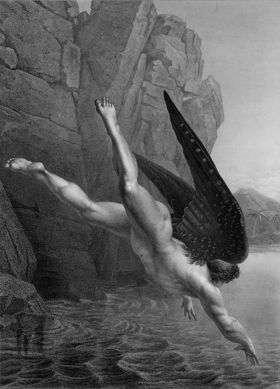 Satan styrter ned i floden Styx, fra en fransk udgave af 