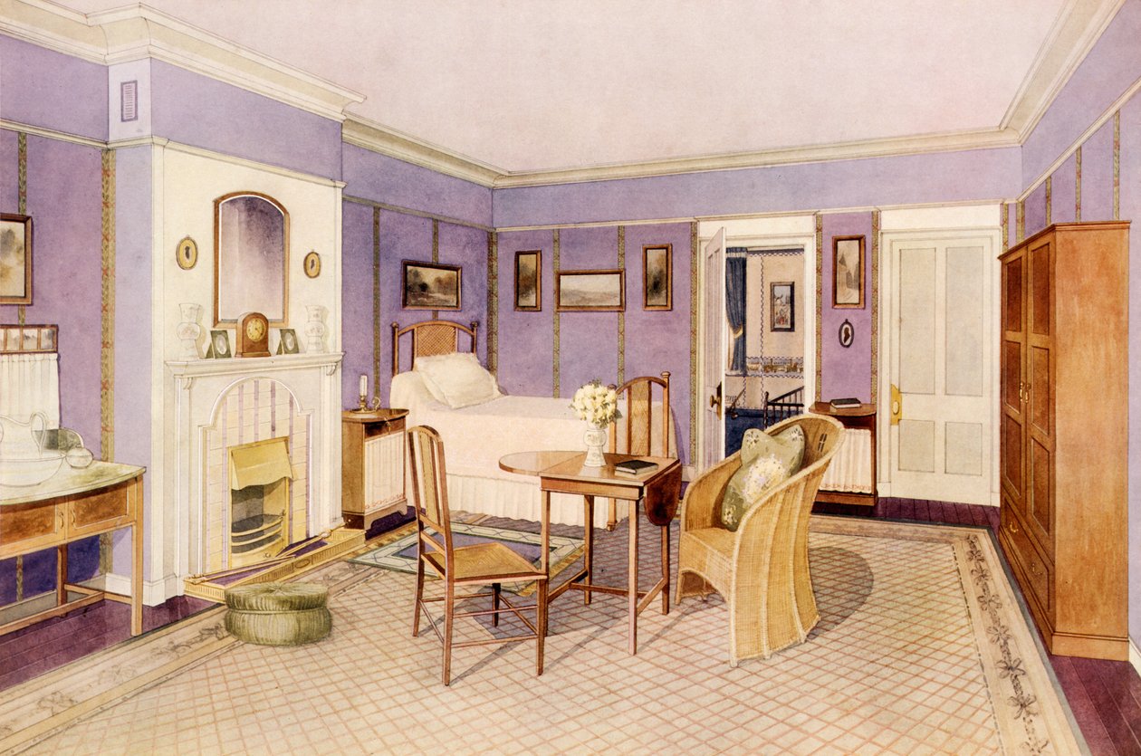 Design til det indre af et soveværelse, begyndelsen af det 20. århundrede (wc og blyant på papir) af Richard Goulburn Lovell
