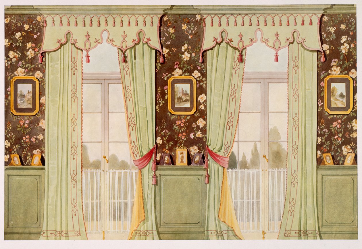 Elegante gardiner i en tegnestue med udførlig kappe af Richard Goulburn Lovell