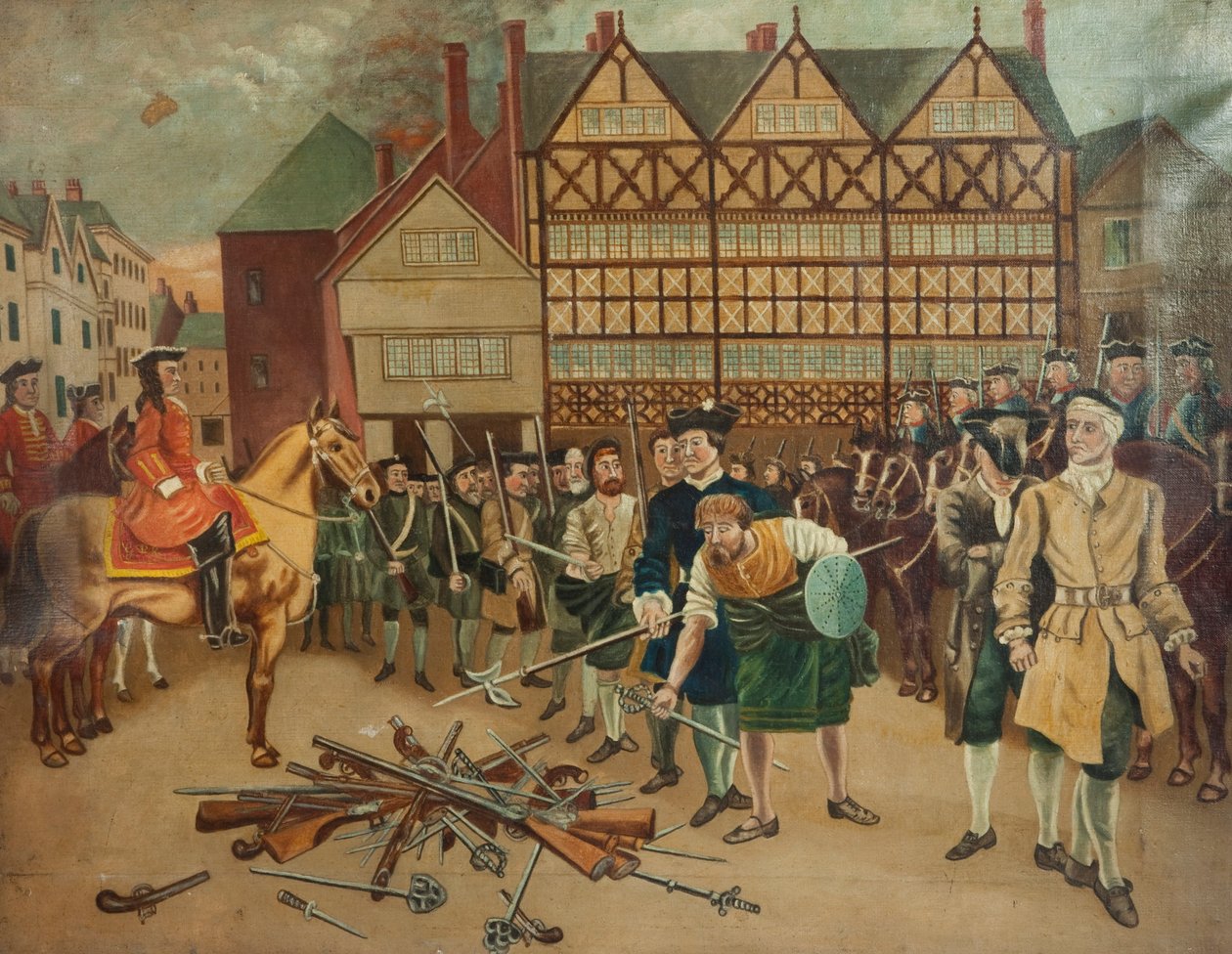 Jakobitiske tropper overgiver deres våben til generaltestamenter på Preston Market Place i 1715 af Richard Holmes