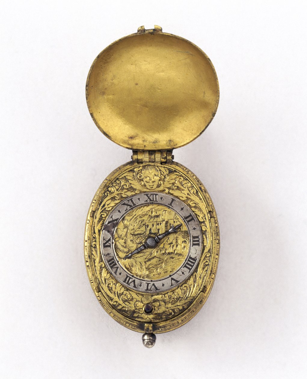 Ovalt escapement-ur, ca. 1630 (sølv og forgyldt metal) af Richard Jackson