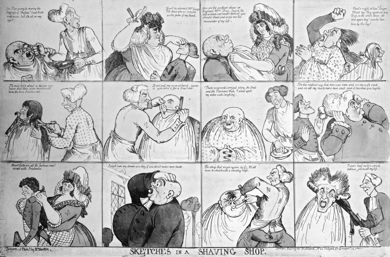 Skitser i en barberbutik, 1794 af Richard Newton