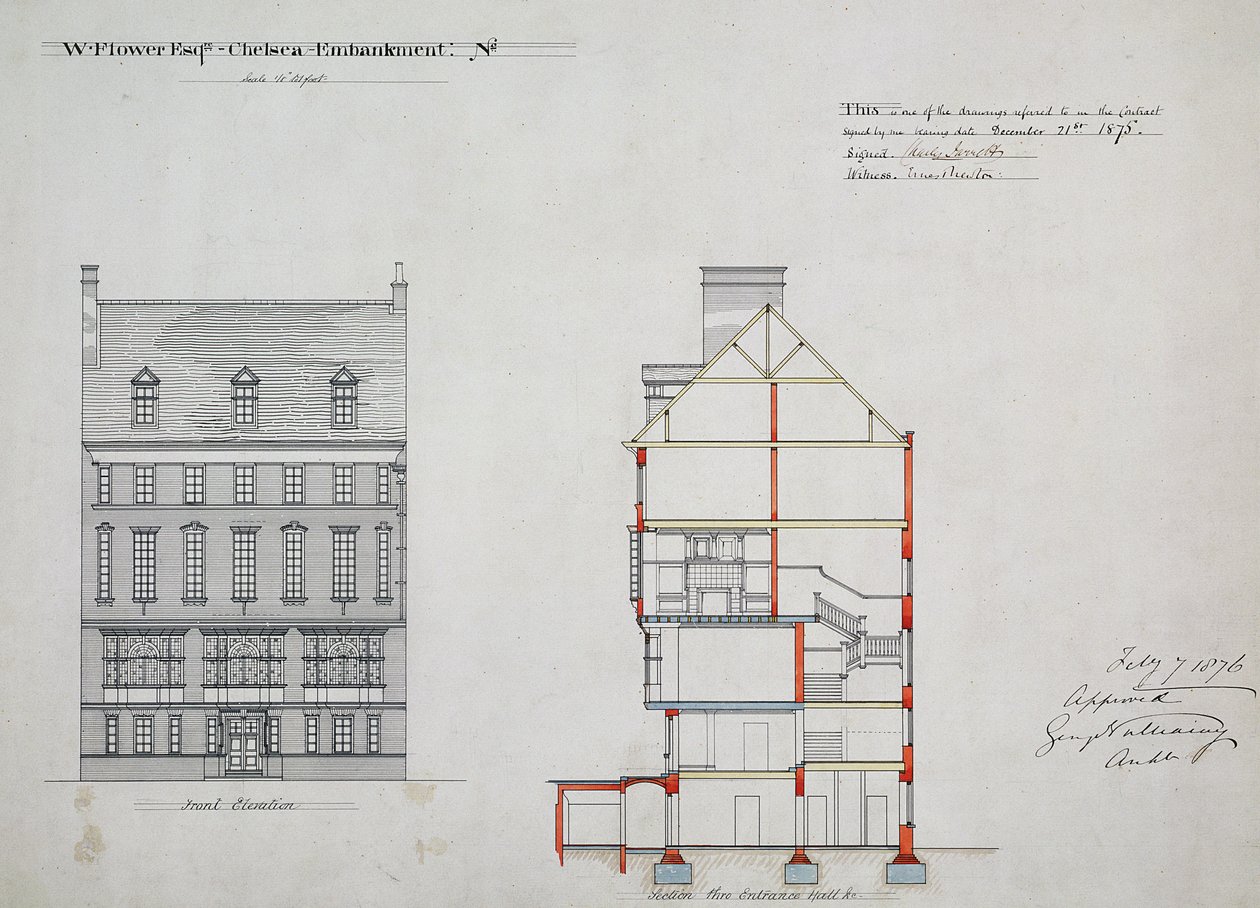 Design til et hus for W. Flower Esq, Chelsea Embankment, London, 1876 (pen & blæk & wc på papir) af Richard Norman Shaw