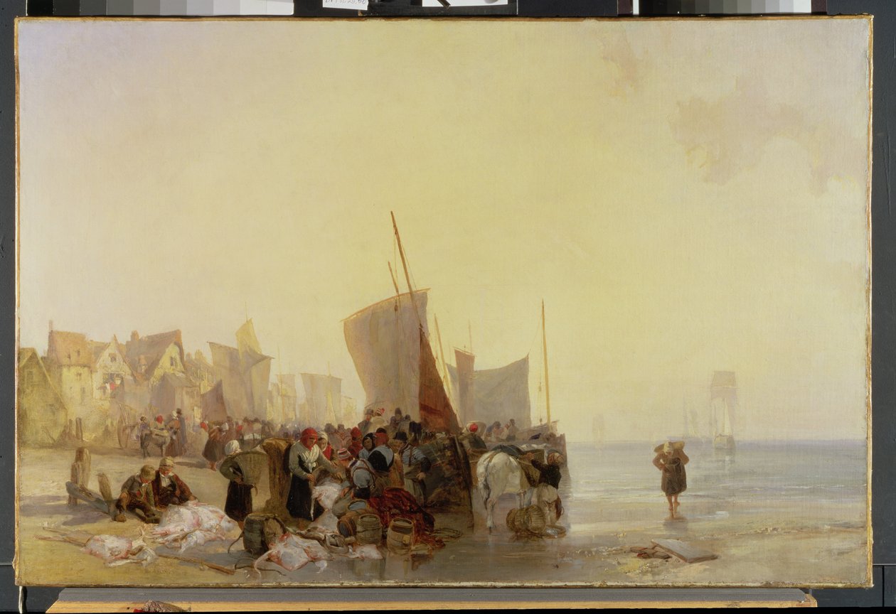 Et fiskemarked nær Boulogne, ca. 1824 af Richard Parkes Bonington