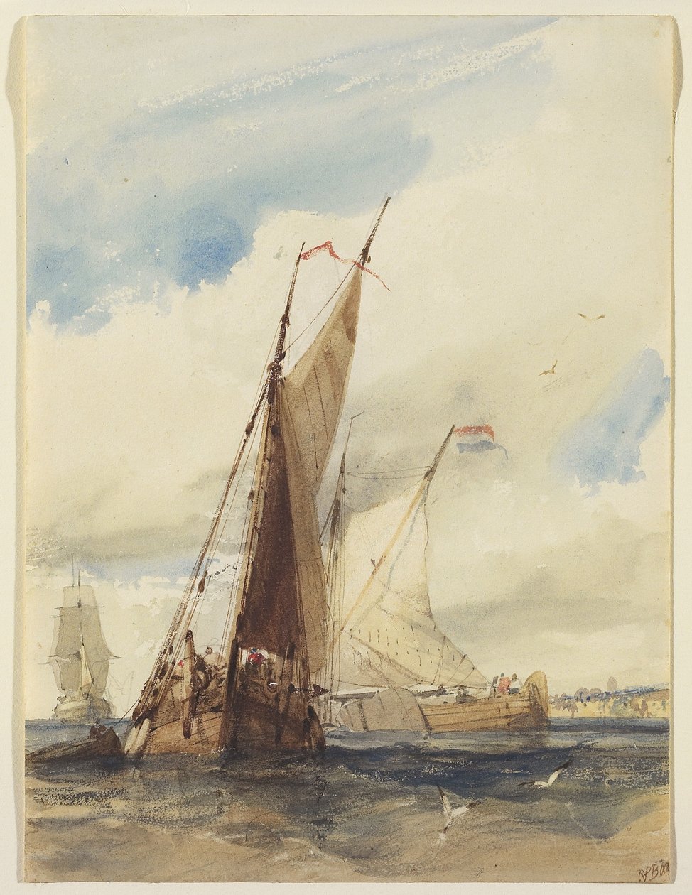 Hollandske fiskeskibe nær den franske kyst, 1825 (wc over grafit med udkradsning på papir) af Richard Parkes Bonington