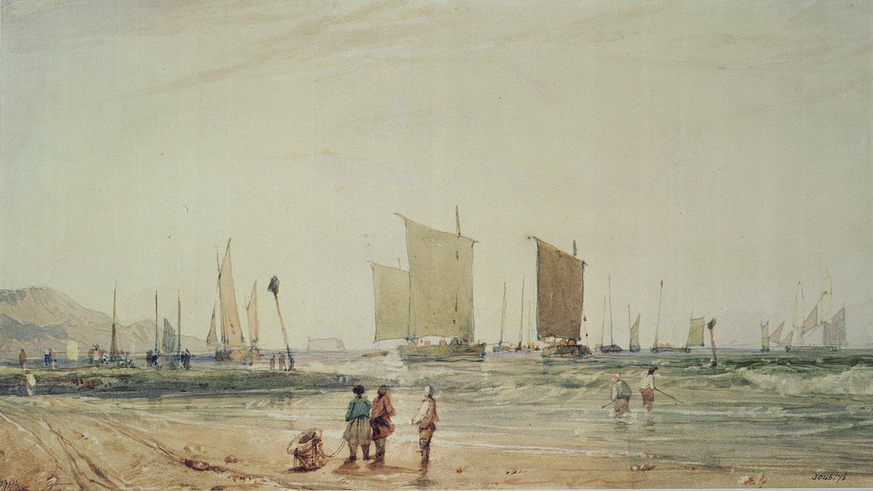 Fransk kyst, med fiskerbåde, 1800-tallet (akvarel) af Richard Parkes Bonington