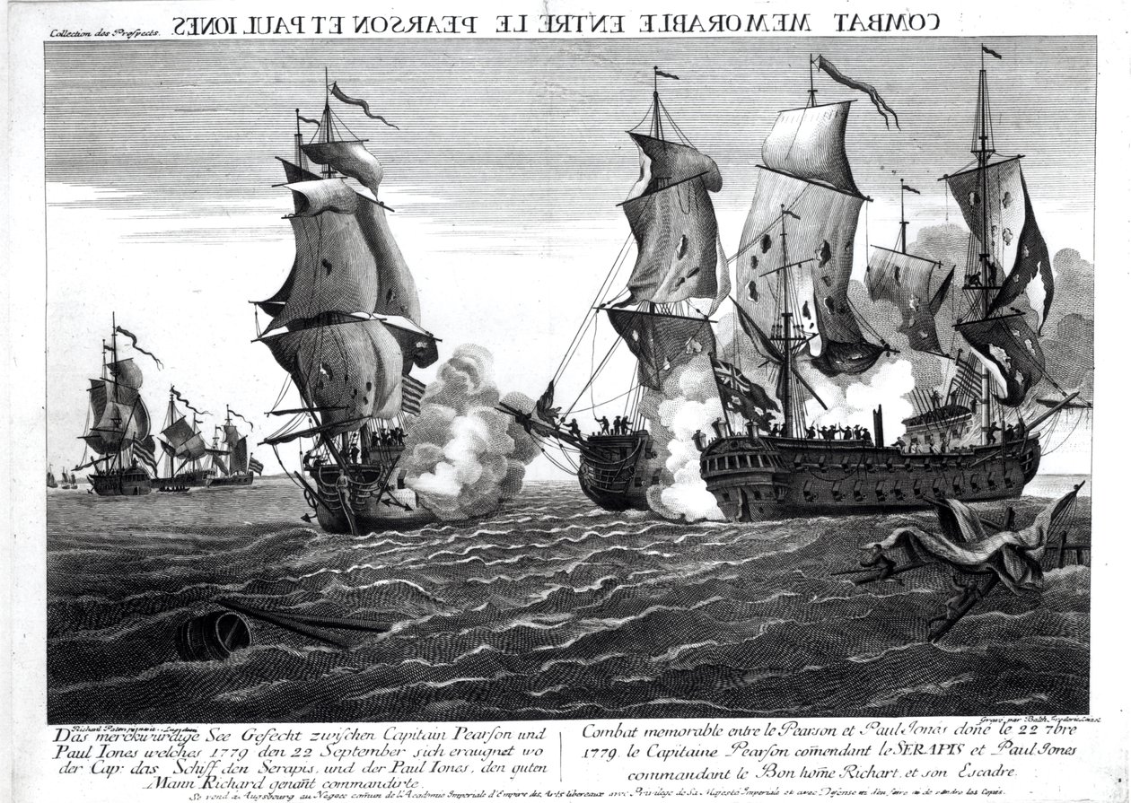 Den mindeværdige kamp mellem kaptajn Pearson, kommandør på "The Serapis" og John Paul Jones, kommandør på "Le Bonhomme Richard", 22. september 1779, graveret af Balthasar Frederic Loizel (stik) af Richard Paton