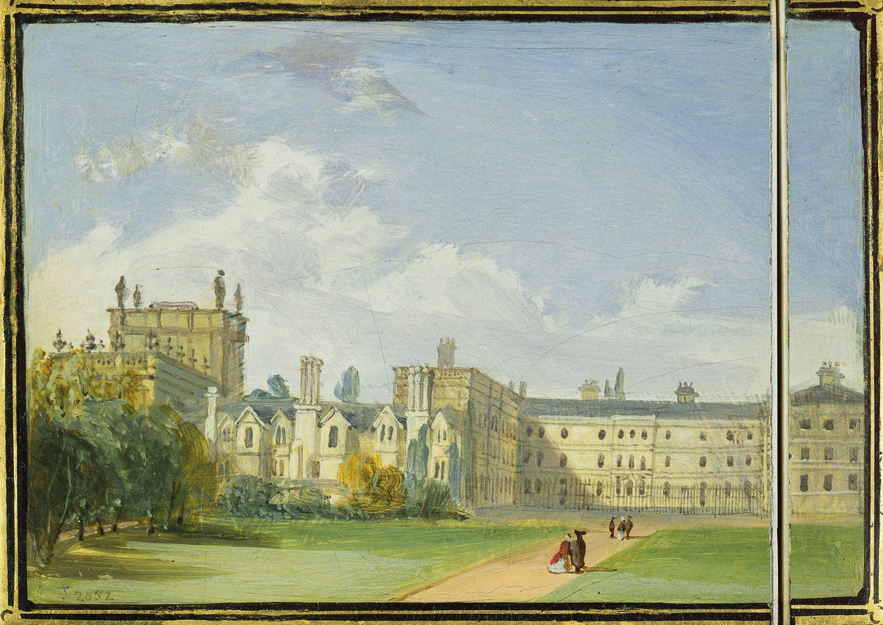 Victoriansk kortetui malet med et bagbillede af Trinity College Gardens, Oxford (papmaché) af Richard Phene and Benjamin W. Spiers