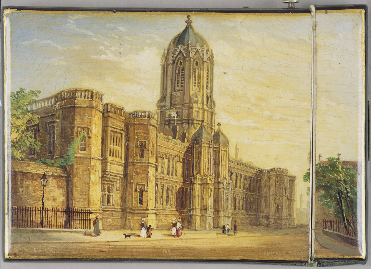 Victoriansk kortetui med en scene af Christ Church, Oxford og Tom Tower (papier mache) af Richard Phene and Benjamin W. Spiers