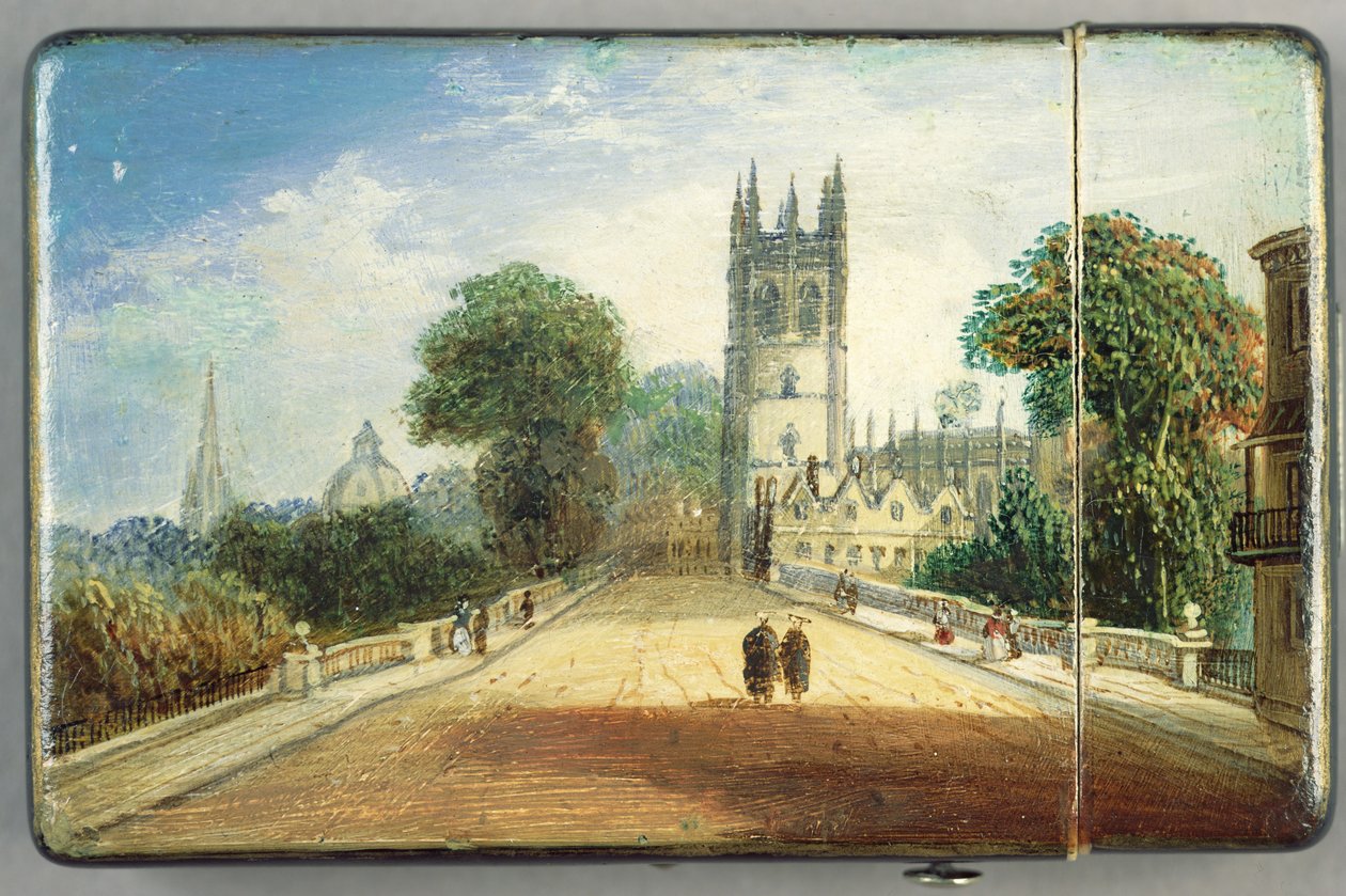 Victoriansk kortetui, med en scene fra Magdalen College, Oxford (papier mache) (se 256309 for bagside) af Richard Phene and Benjamin W. Spiers