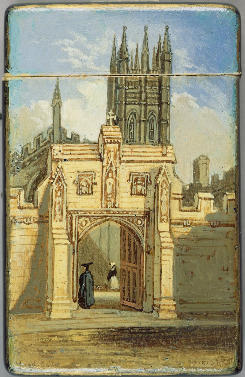 Victoriansk kortetui, med en scene fra Magdalen College, Oxford (papier mache) (se 256310 for bagside) af Richard Phene and Benjamin W. Spiers