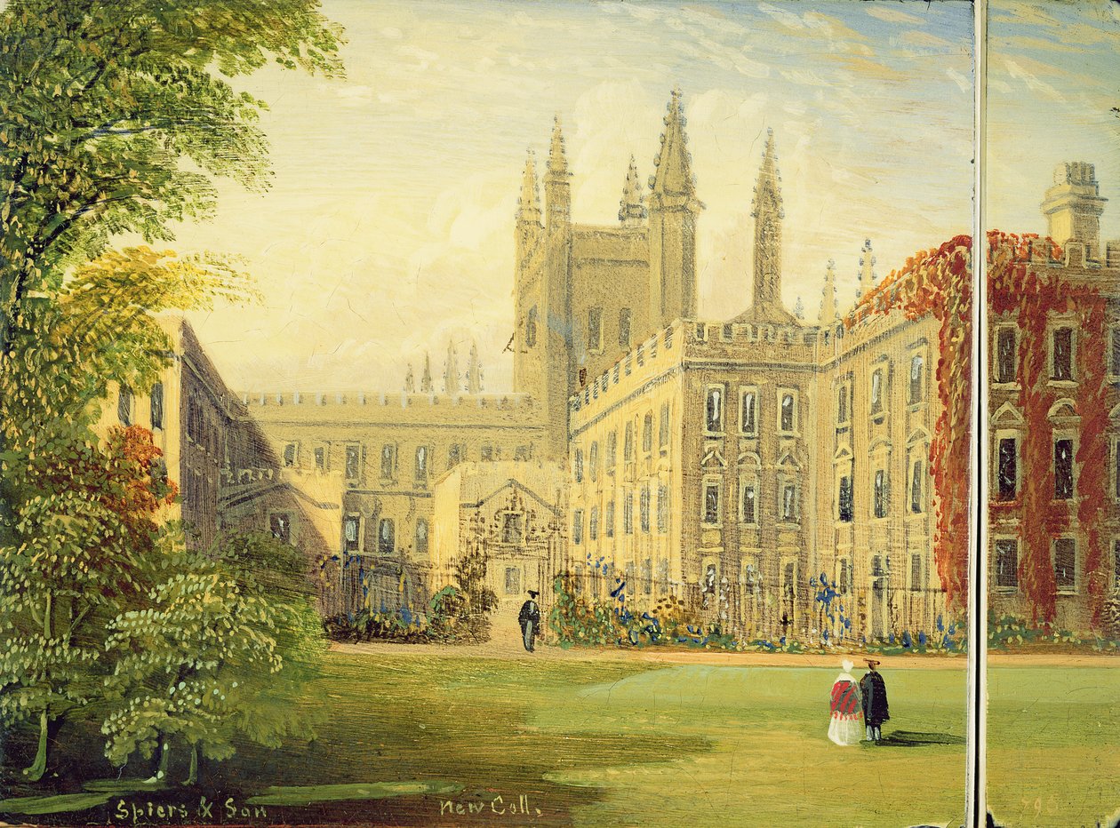 Victoriansk kortetui med en scene af New College, Oxford og Garden Quad (papier mache) af Richard Phene and Benjamin W. Spiers