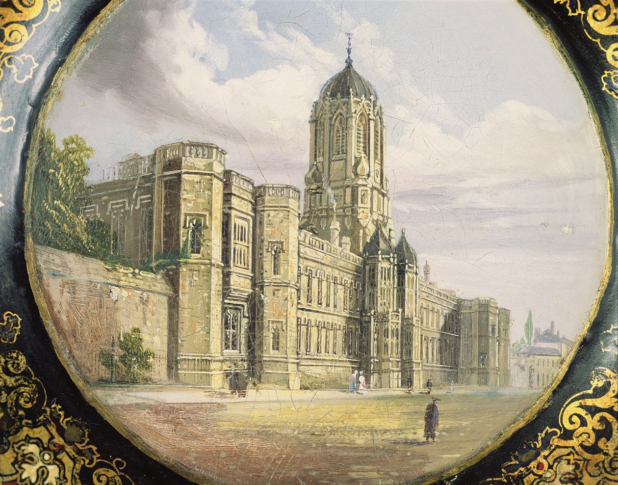 Victoriansk kortbakke dekoreret med en scene af Christ Church, Oxford (papier mache) af Richard Phene and Benjamin W. Spiers