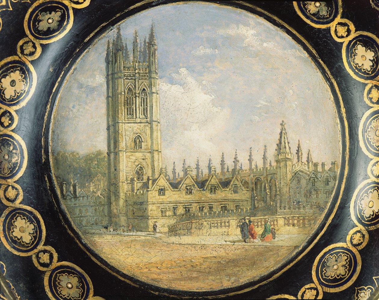Victoriansk kortbakke dekoreret med en scene fra Magdalen College, Oxford (papier mache) af Richard Phene and Benjamin W. Spiers