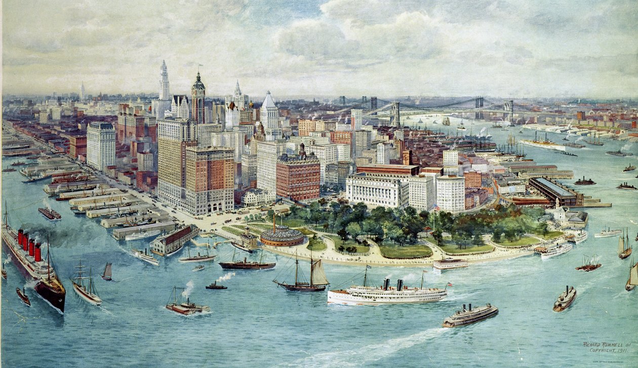 Et fugleperspektiv af Lower Manhattan, 1911 af Richard Rummell