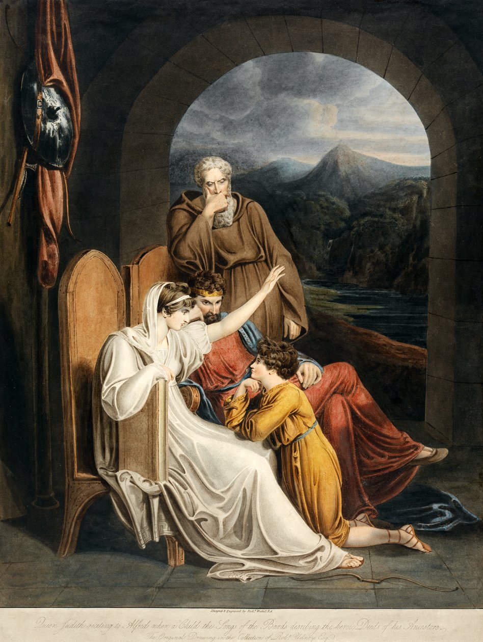 Dronning Judith reciterer for Alfred, når et barn, The Songs of the Bards, der beskriver hans Forfædres pubs heroiske gerninger. 1801 af Richard Westall