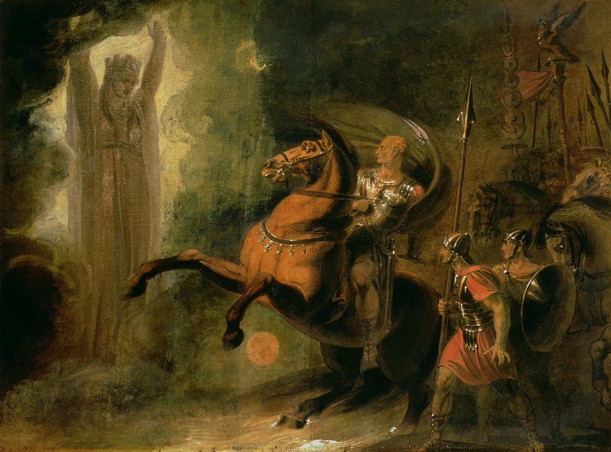 Gudinden Roma viser sig for Julius Cæsar ved Rubicon-banken, ca. 1793 (wc & olie på papir) af Richard Westall