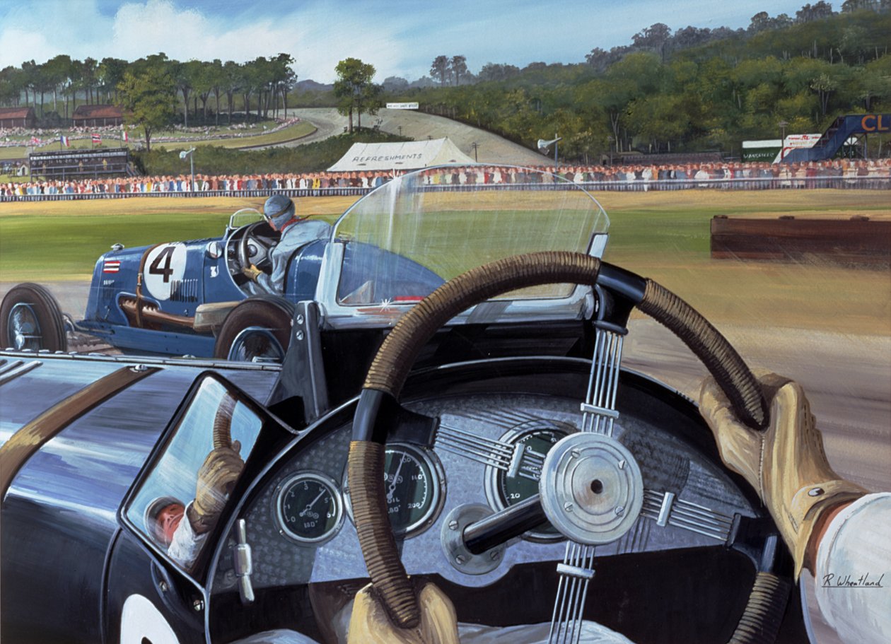 Brooklands - From the Hot Seat (wc og gouache på papir) af Richard Wheatland
