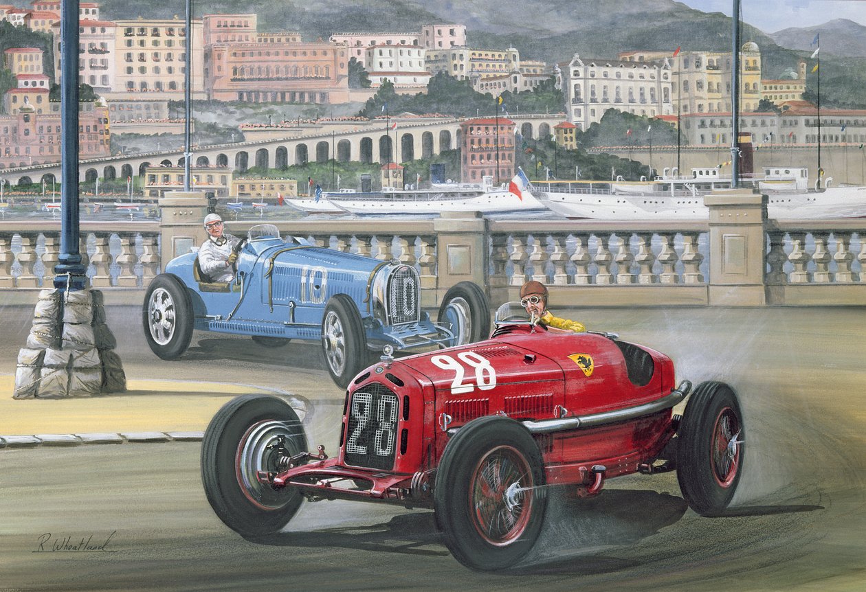 Duel på havnefronten, Monaco Grand Prix i 1933 (wc & gouache) af Richard Wheatland