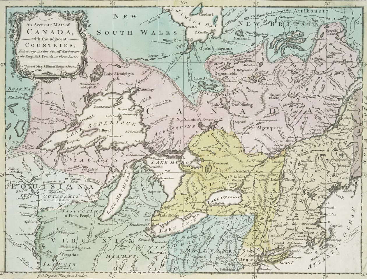 Et nøjagtigt kort over Canada, med de tilstødende lande, 1761 af Richard William Seale
